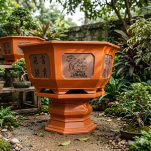 Chậu xi măng bát giác màu đỏ cam có chân đế cao