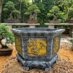 Chậu xi măng lục giác màu xám đắp rồng vàng, chân quỳ