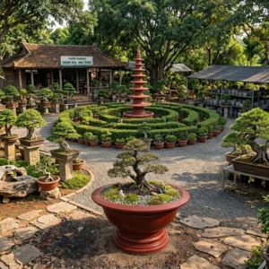 Chậu xi măng tròn đỏ trồng bonsai giữa sân vườn