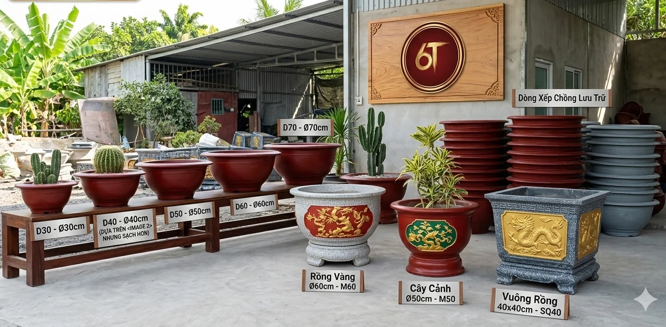 Khu trưng bày chậu xi măng tại cửa hàng Chậu Xi Măng Cam Ranh