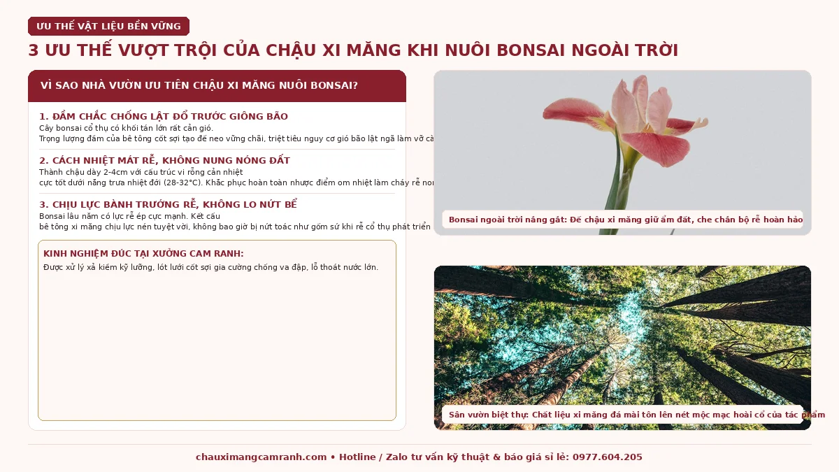 3 ưu thế vượt trội của chậu xi măng khi nuôi bonsai ngoài trời nắng gió