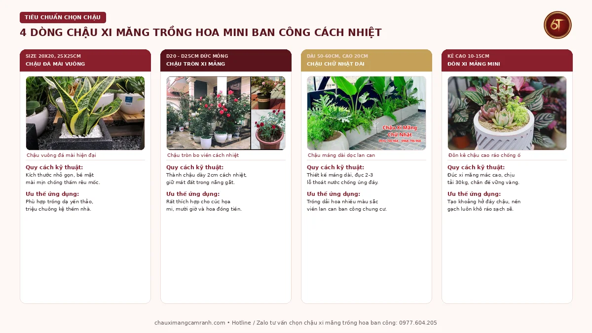 4 dòng chậu xi măng trồng hoa mini nhỏ gọn ban công cách nhiệt bền bỉ