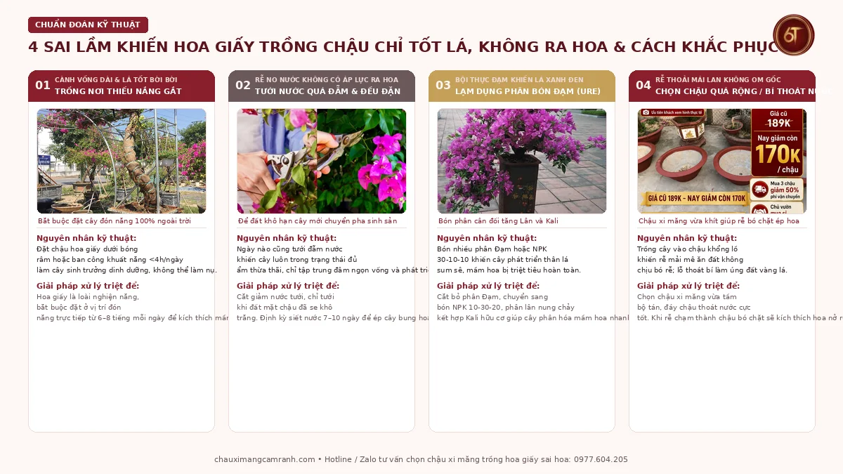 4 sai lầm khiến hoa giấy trồng trong chậu chỉ tốt lá không ra hoa và cách xử lý