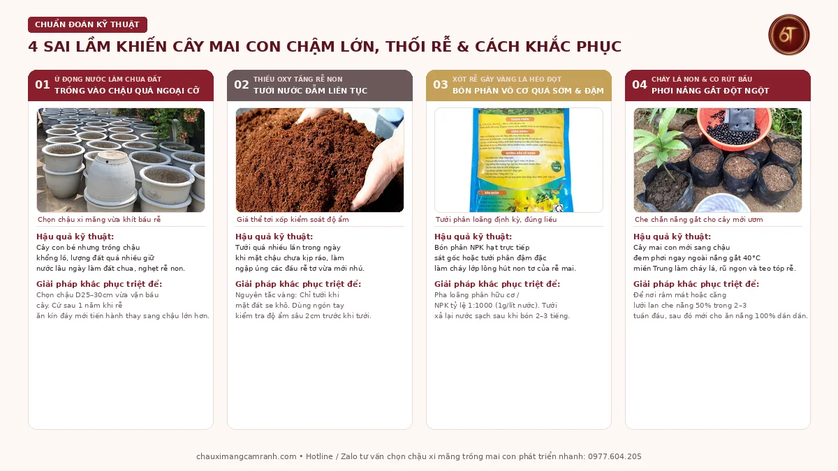4 sai lầm khiến cây mai con chậm lớn thối rễ và cách khắc phục triệt để