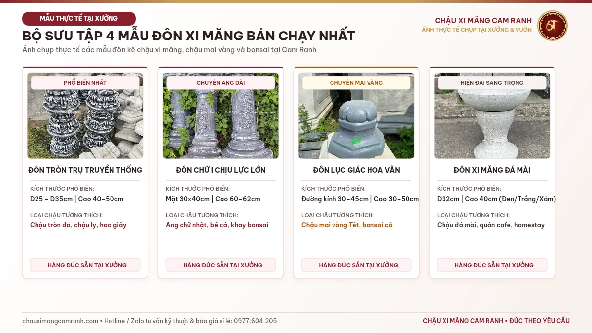 Ảnh thực tế 4 mẫu đôn chậu xi măng tròn vuông bát giác Cam Ranh bền đẹp giá xưởng