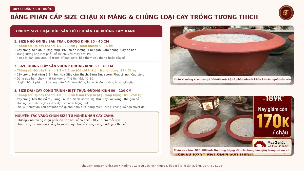 Bảng phân cấp size chậu xi măng và chủng loại cây trồng tương thích tại xưởng chậu xi măng Cam Ranh