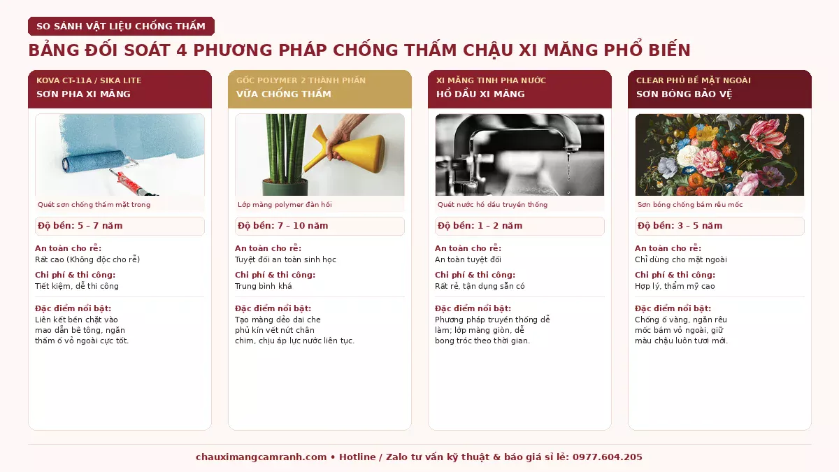 Bảng đối soát 4 phương pháp chống thấm chậu xi măng phổ biến chi tiết