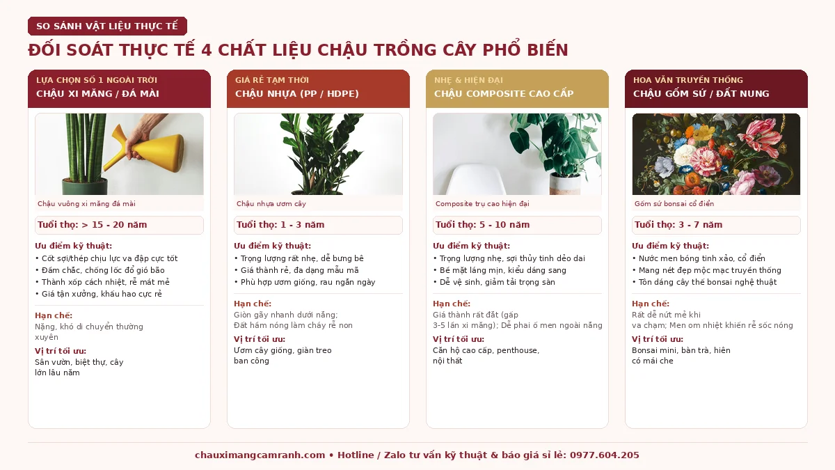 Bảng đối soát thực tế 4 chất liệu chậu trồng cây xi măng nhựa composite gốm sứ