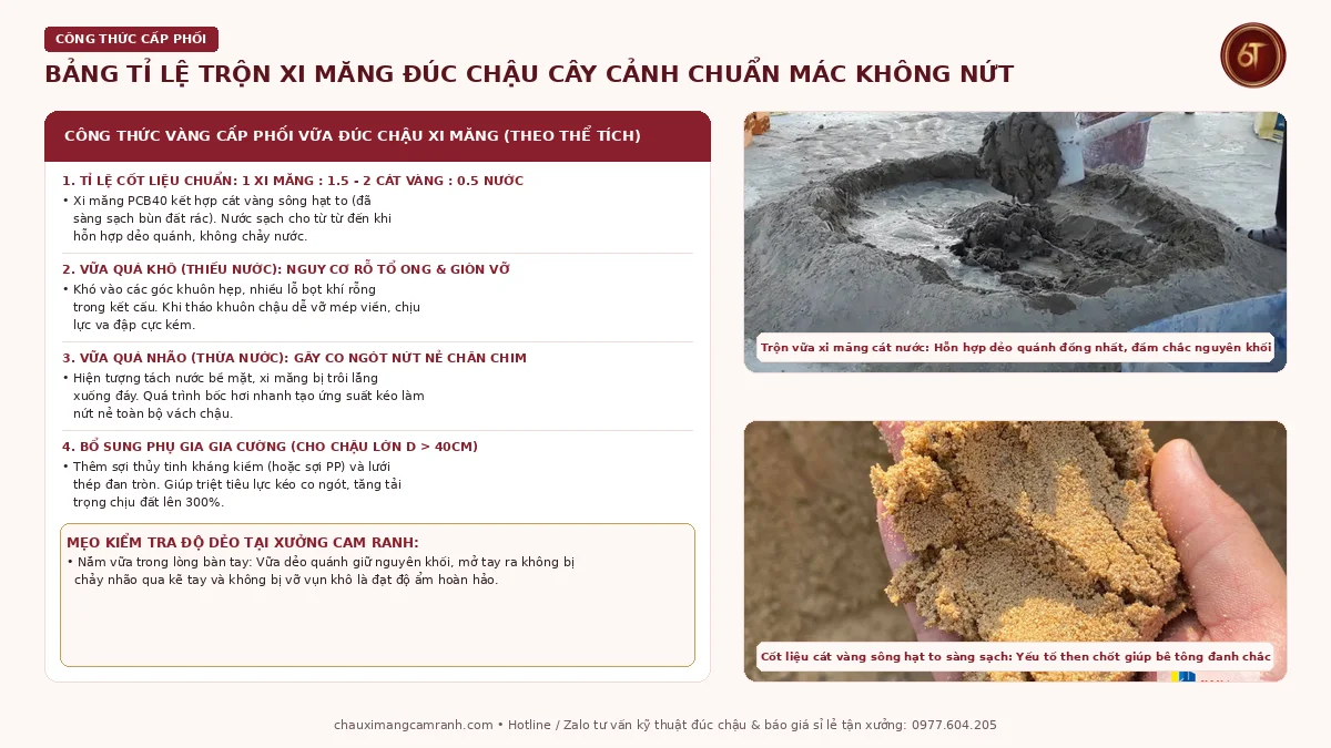 Bảng cấp phối tỉ lệ trộn xi măng cát nước đúc chậu cây cảnh không bị nứt tại nhà