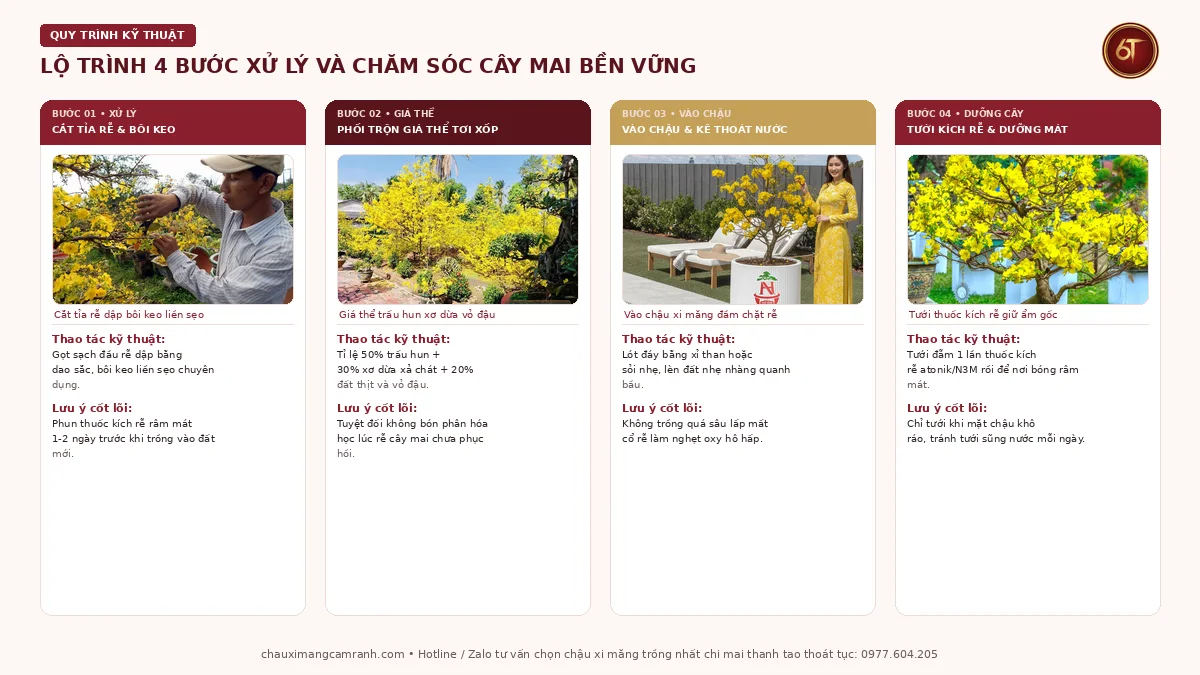 Lộ trình 4 bước kỹ thuật xử lý rễ thay đất và dưỡng mai bung đọt