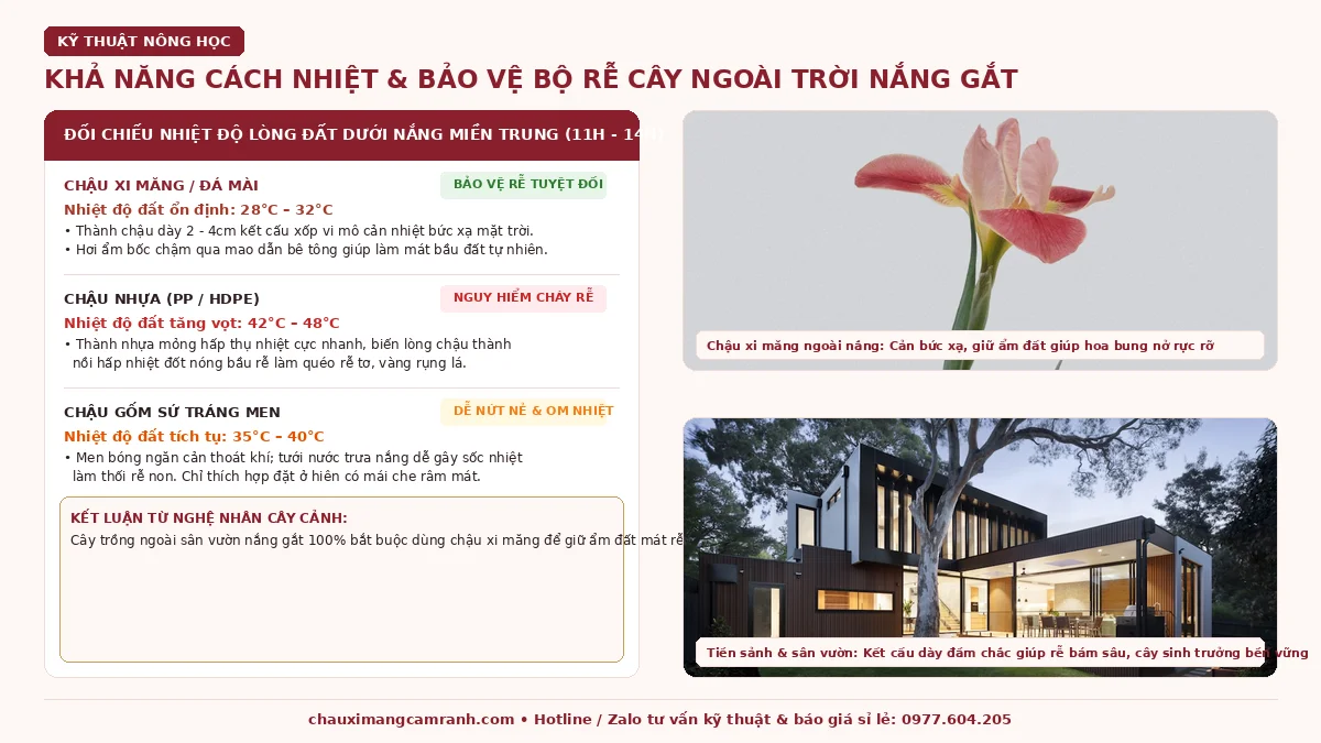 Khả năng cách nhiệt và bảo vệ bộ rễ cây của chậu xi măng ngoài trời nắng gắt