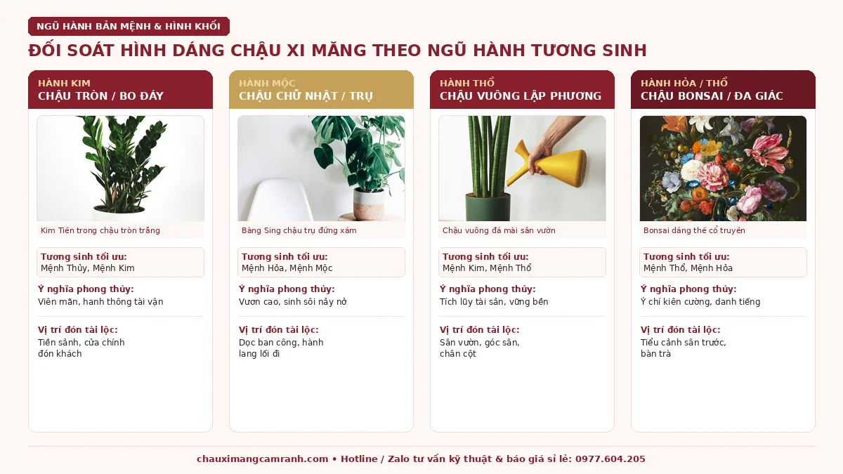 Bảng đối soát hình dáng chậu xi măng theo ngũ hành tương sinh chi tiết
