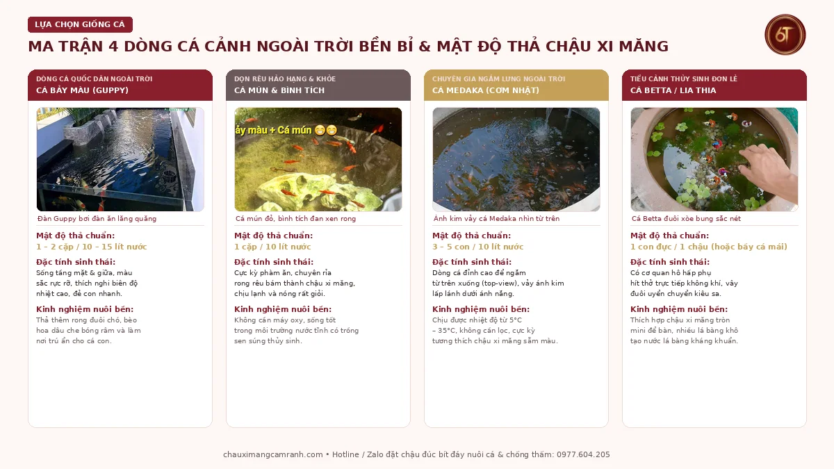 Ma trận 4 dòng cá cảnh dễ nuôi trong chậu xi măng ngoài trời và mật độ thả chuẩn