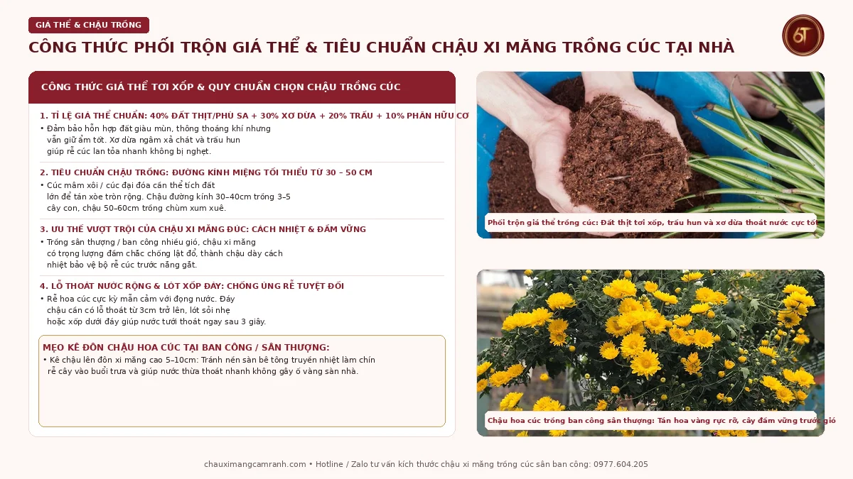 Công thức phối trộn giá thể xơ dừa trấu hun và chọn chậu xi măng trồng hoa cúc tại nhà