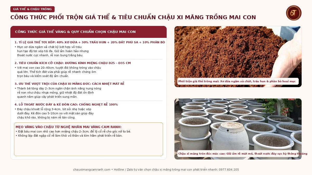 Công thức phối trộn giá thể xơ dừa trấu hun và chọn chậu xi măng trồng mai con phát triển nhanh