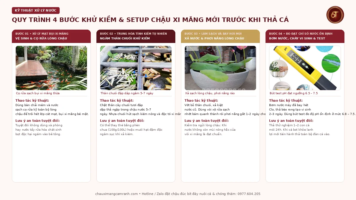 Quy trình 4 bước ngâm xả khử kiềm chậu xi măng mới mua chống sốc nước chết cá