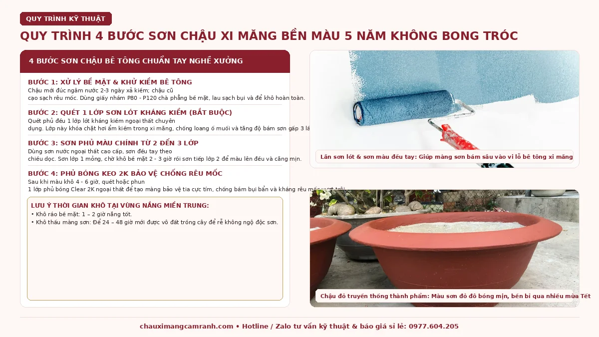 Quy trình 4 bước sơn chậu xi măng đúng kỹ thuật bền màu không bong tróc