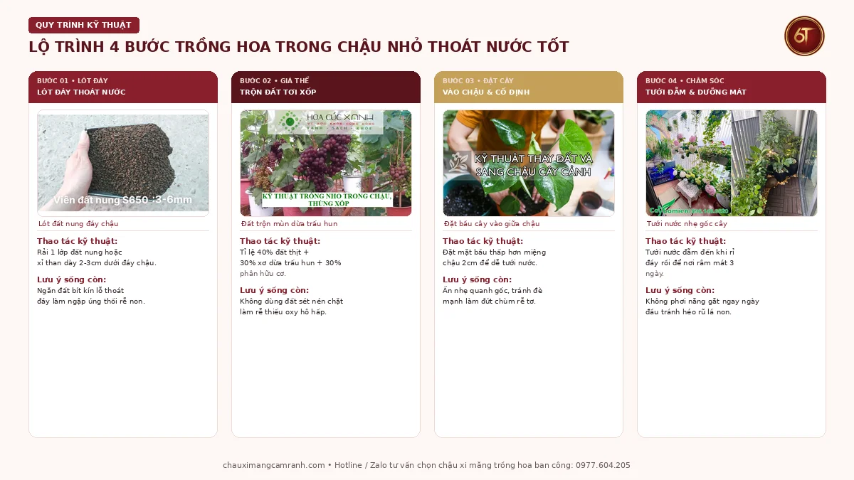 Lộ trình 4 bước trồng hoa trong chậu nhỏ tại nhà đúng kỹ thuật thoát nước