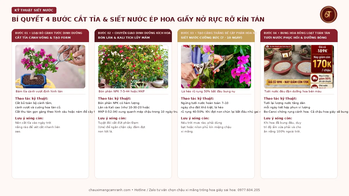 Quy trình 4 bước cắt tỉa và siết nước ép hoa giấy ra hoa rực rỡ kín tán