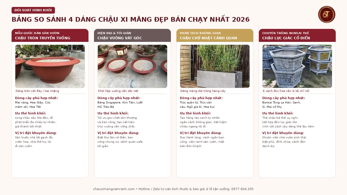 Bảng so sánh 4 dáng chậu xi măng đẹp bán chạy nhất 2026: chậu tròn, chậu vuông vát góc, chậu chữ nhật và chậu lục giác