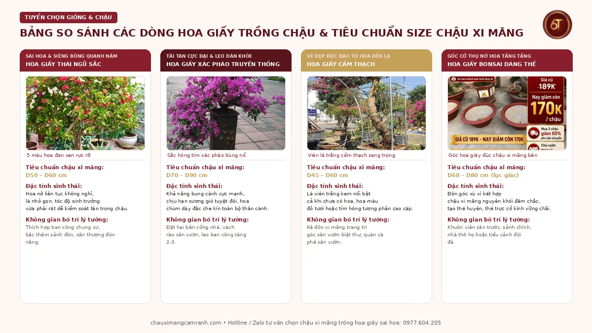 Bảng so sánh các giống hoa giấy trồng chậu và kích thước chậu xi măng phù hợp