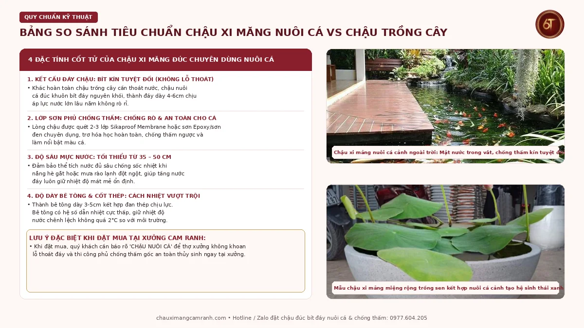 Bảng so sánh tiêu chuẩn kỹ thuật chậu xi măng nuôi cá và chậu trồng cây ngoài trời Cam Ranh